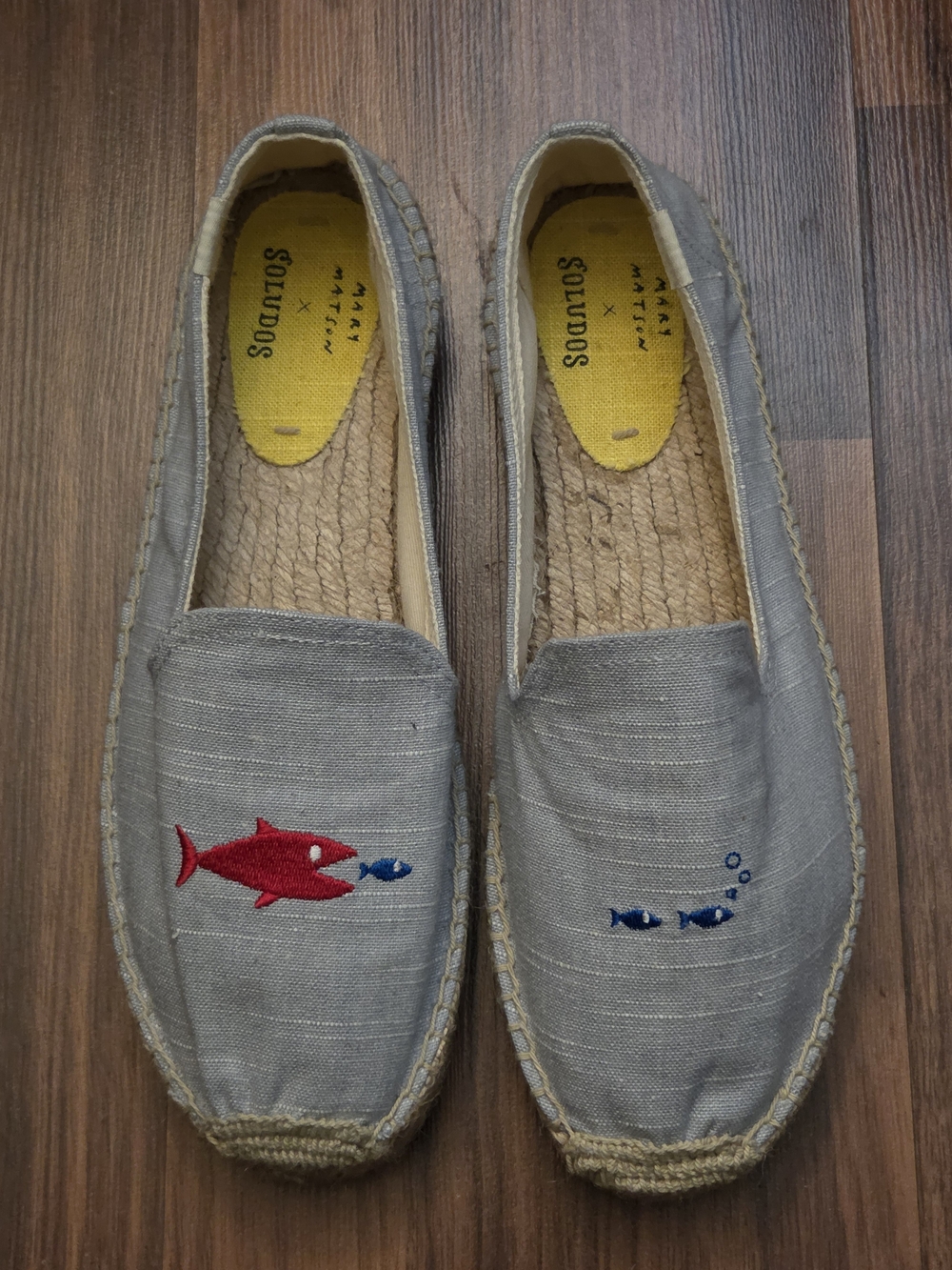 Soludos Gray Slip-On Espadrilles with Red & Blue Fish Embroidery